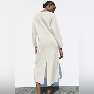Zara Front Rolled Seam Knit Dress Midi Ecru Long Sleeve V neck Womens S